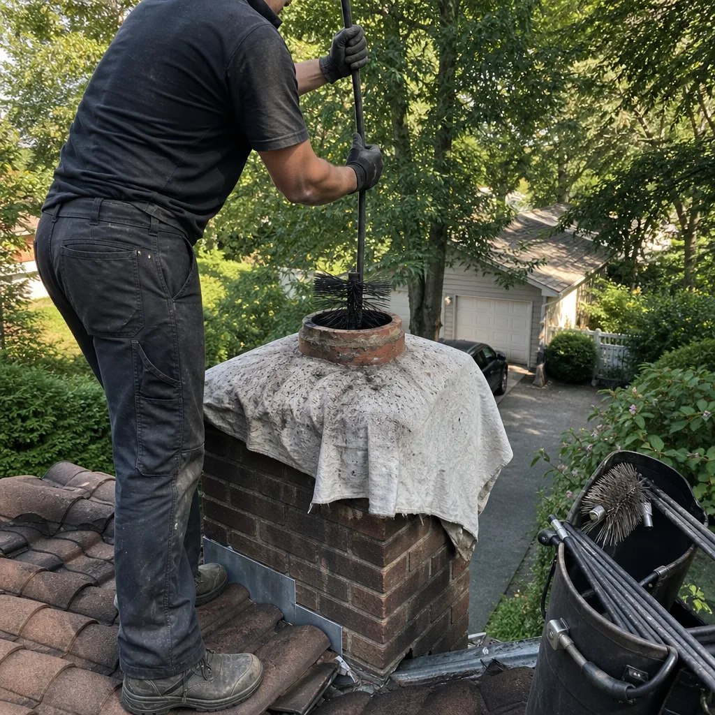 Professional chimney sweep cleaning a brick chimney flue on a rooftop.