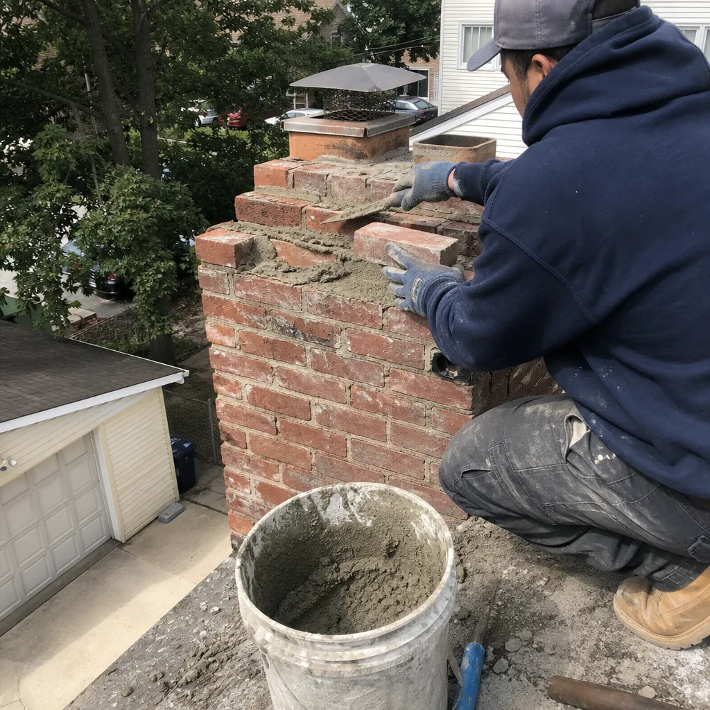 Professional mason performing expert chimney repair and brickwork maintenance