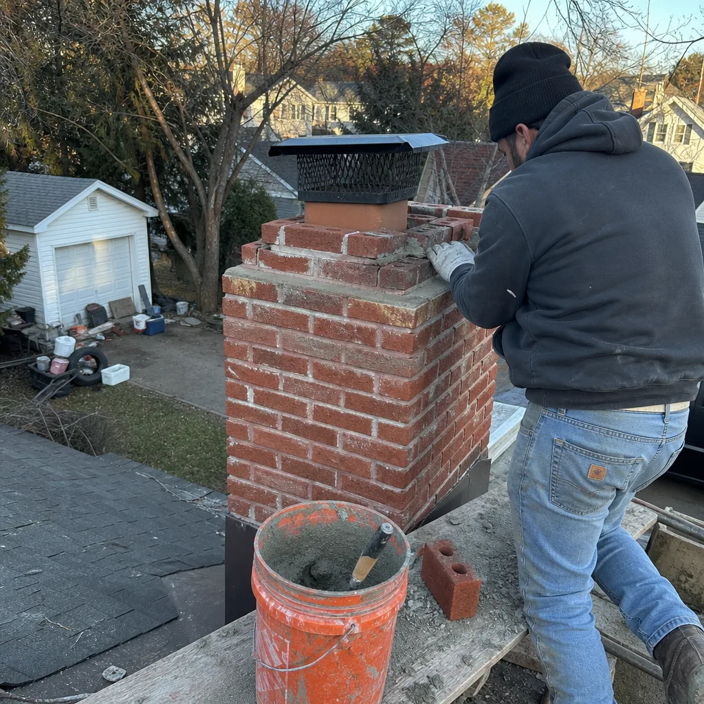 Professional mason performing chimney masonry repair on a residential roof