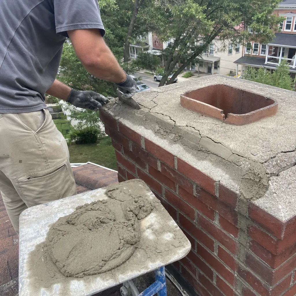 Professional mason performing chimney crown repair on a residential roof